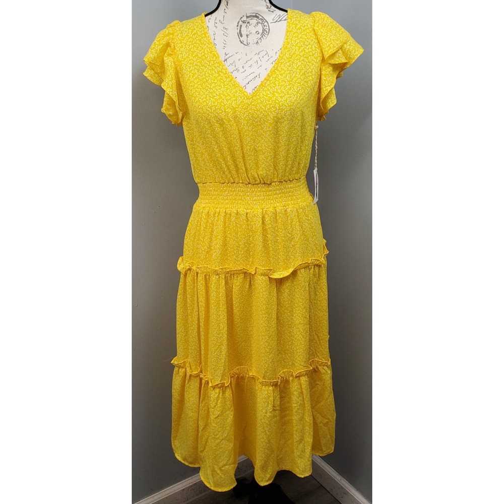 Jessica Simpson Tiered Dress Womens L Multi Ditsy Floral Smocked Waist V-Neck